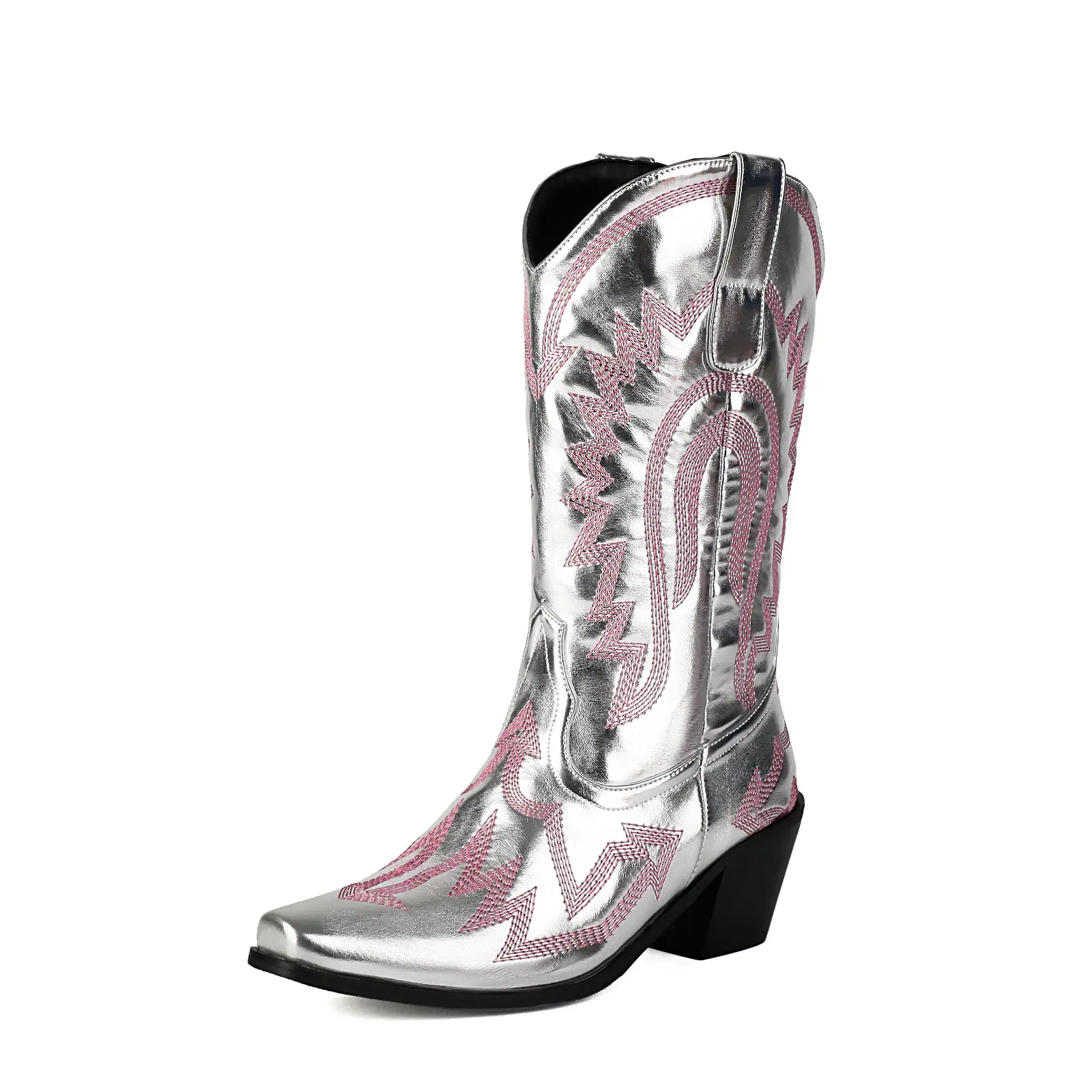 

Sparkly Cowboy Western Boots for Women Metallic Embroidered Cowgirl Booties Vintage Chunky Heel Pull-On Wide Calf Shoes