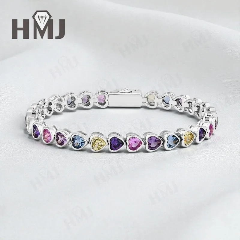 

Heart Gemstone Bracelet with 4X4mm Multicolor Zircons 925 Silver Plated White Yellow Gold Chain for Women's Fishion Jewely Gift