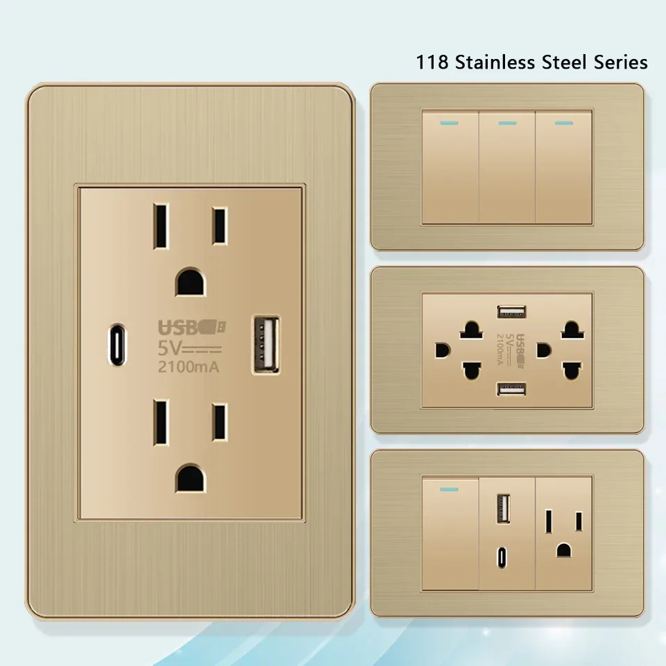 Toma de corriente Usb tipo c de acero inoxidable dorado estándar americano, enchufe USB Dual de EE. UU., México y Tailandia, Panel de interruptor de luz de 2 vías