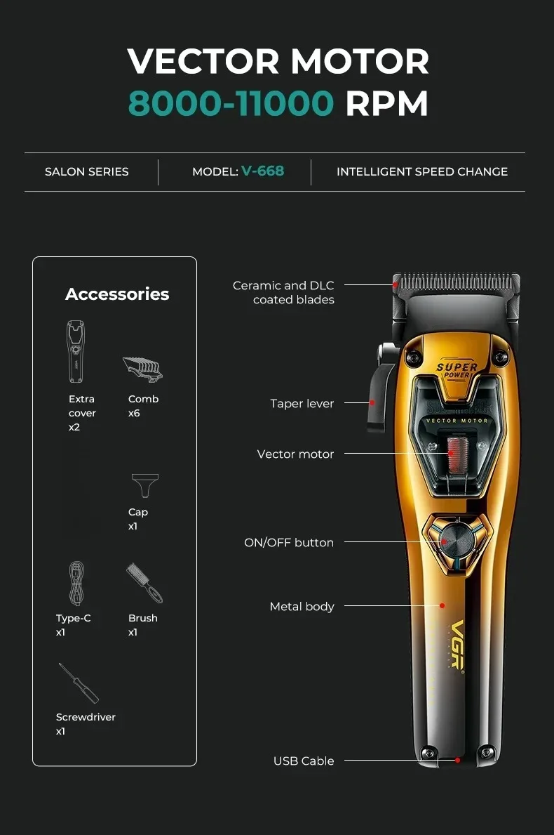 VGR Professional Hair Clippers Rechargeable Hair Trimmer Vector Motor 11000 RPM Haircut DLC Blade Clippers For man V-668 V-668T image 10