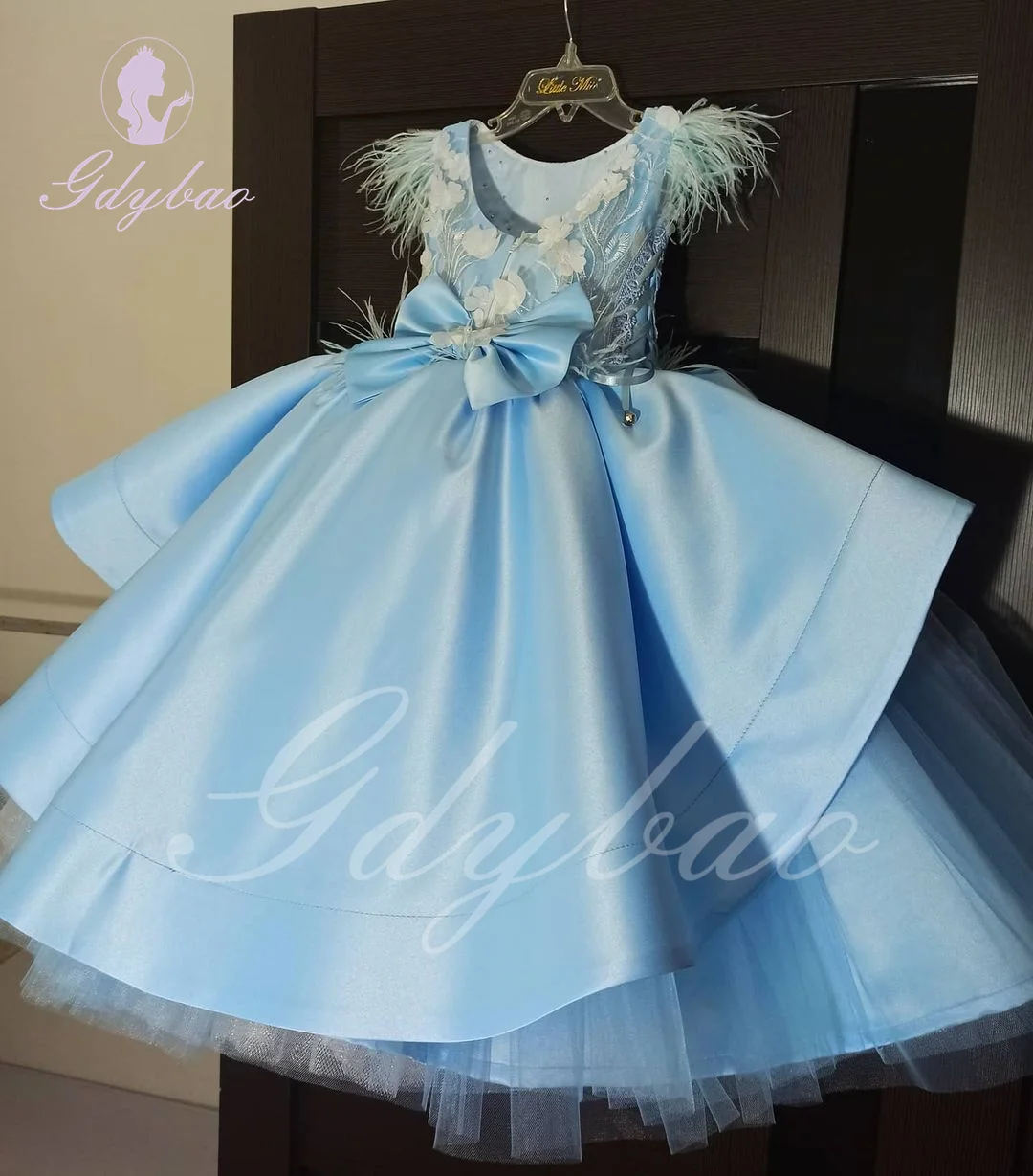 Vestido azul hinchado de flores para niña, apliques de satén para boda con lazo, vestidos de fiesta de princesa para primera comunión y cumpleaños para niños