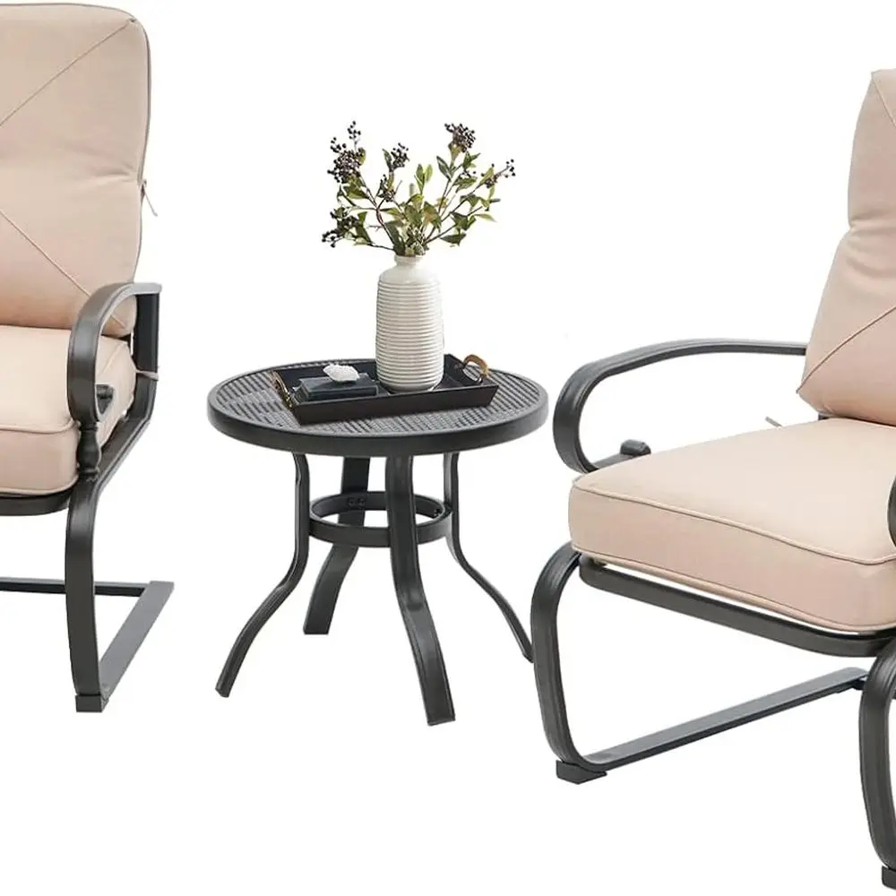 

3-Piece Spring Metal Bistro Set with Cushioned Chairs and Wrought Iron Table, Brown