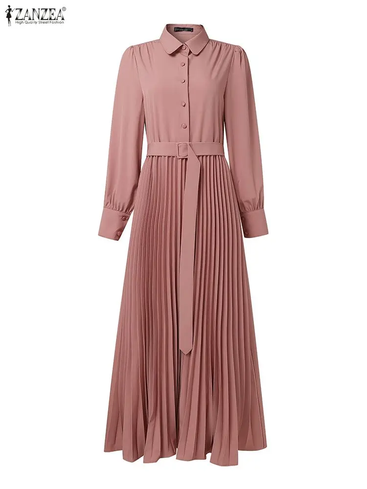 فساتين ZANZEA للسيدات لخريف 2025 فستان عباية إسلامية أنيق برقبة على شكل طية صدر وأكمام طويلة فستان صيفي مطوي دبي رداء نسائي