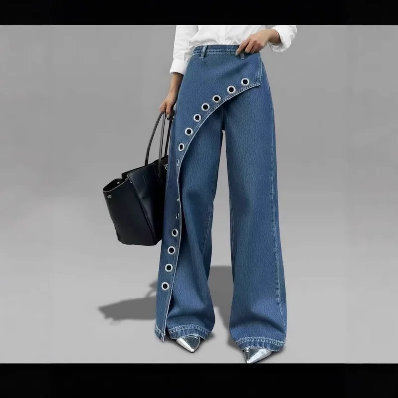 

y2k Women's 2026 New Solid Color Denim Pants Fashion Design Casual Straight Wide Leg Trousers For Amazon Independent Site Trendy
