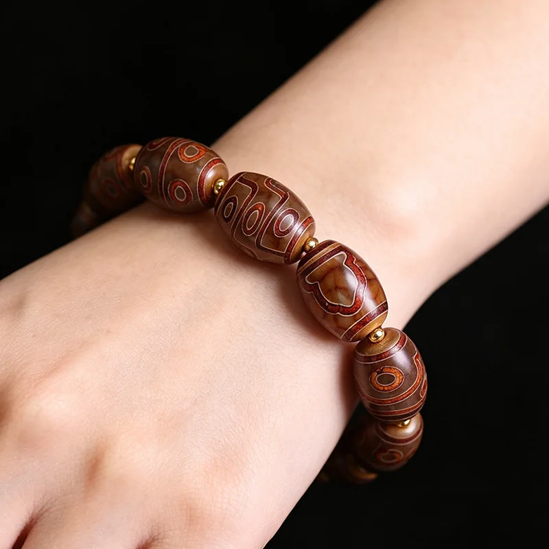 5A Grade Natural Tibetan Genuine Old Agate Beads Featuring A Complete Totem Design Representing Great Perfection In A 3