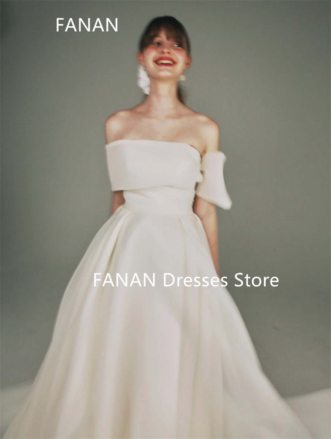 Fanan Korea One-Shoulder Ivory Wedding Dresses  웨딩드레스 Organza Short Sleeves Custom Made Simple Photoshoot Bride Gowns Plus Size