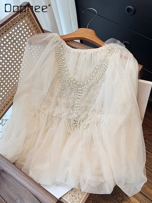 

Heavy Industry Bowknot Beaded Patchwork Mesh Long Sleeve Shirt for Women Commuting Style Elegant Sweet Fairy Style Camisas