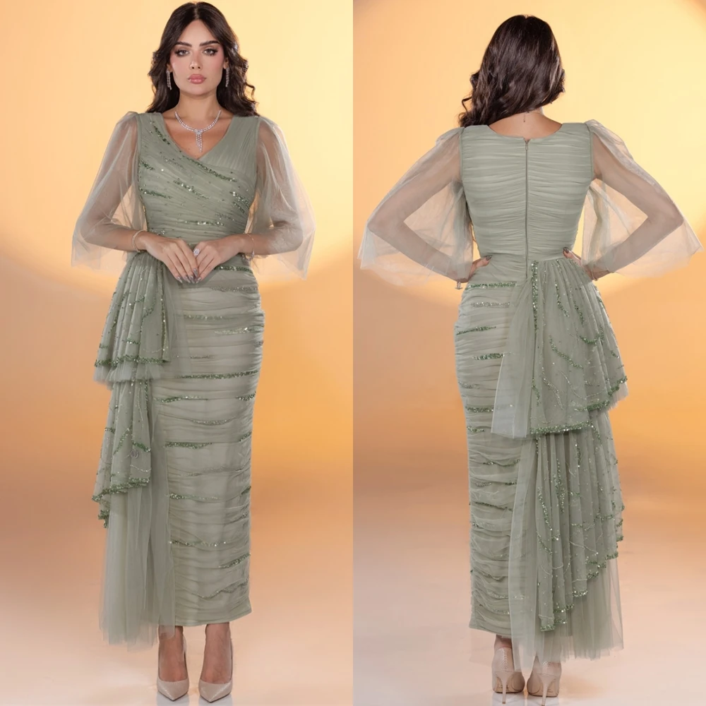 

Customized Elegant V-Neck Evening Dress and Exquisite Organza Special Occasion Gowns and Delicate 3/4 Sleeves Party Dresses