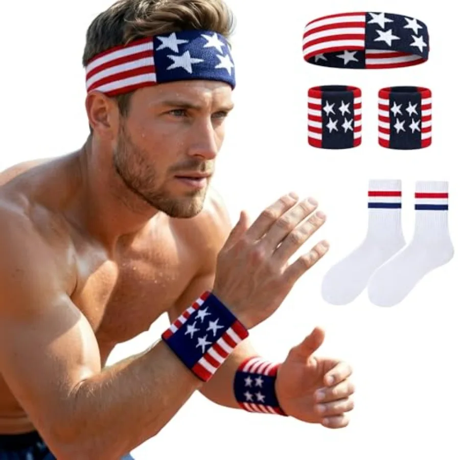 USA Striped Headband Wristband Set with Socks, American Flag Accessories for Men, Team USA Soccer Fan Red White and Blue Sweat