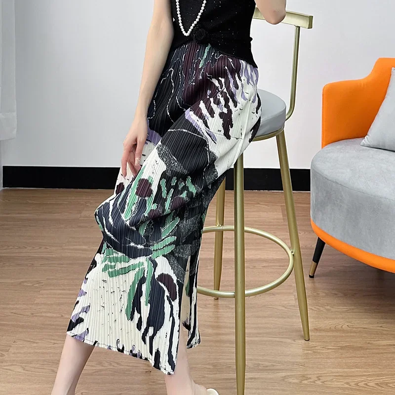 2024 Summer Fashion and Casual New Print Pleated Half Skirt Women\'s Split Straight A-line Half Skirt  pleated skirt