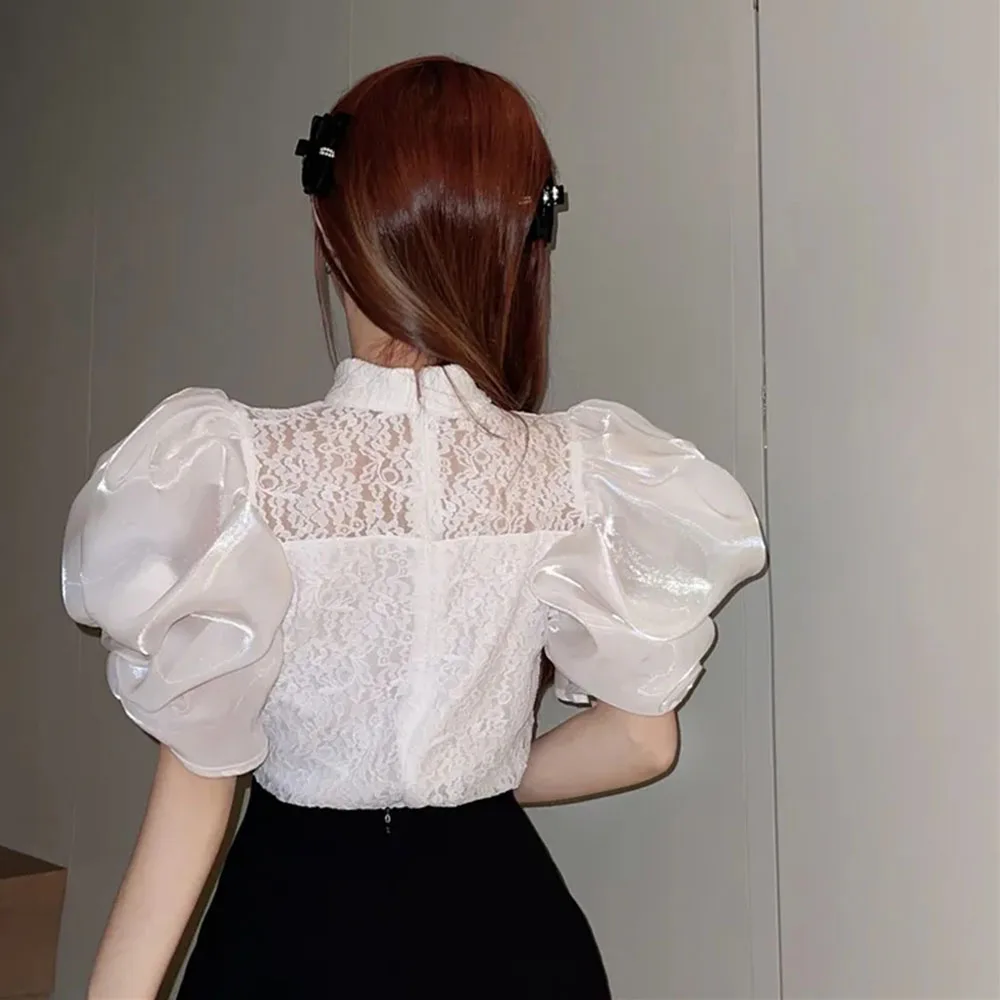 Summer Chic Court Style Lace Hollowed Shirt Womens French Elegant Bubble Sleeve Blouses Ladies Tops Sweet Camisas Y Blusas Mujer