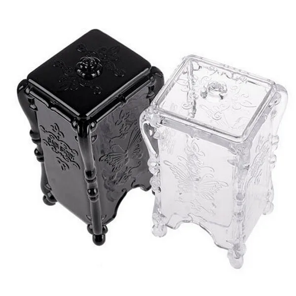 Butterfly Embossed Box Organizer Black Acrylic Cotton Pad Storage Holder Vintage Keeps Makeup Tidy Clean