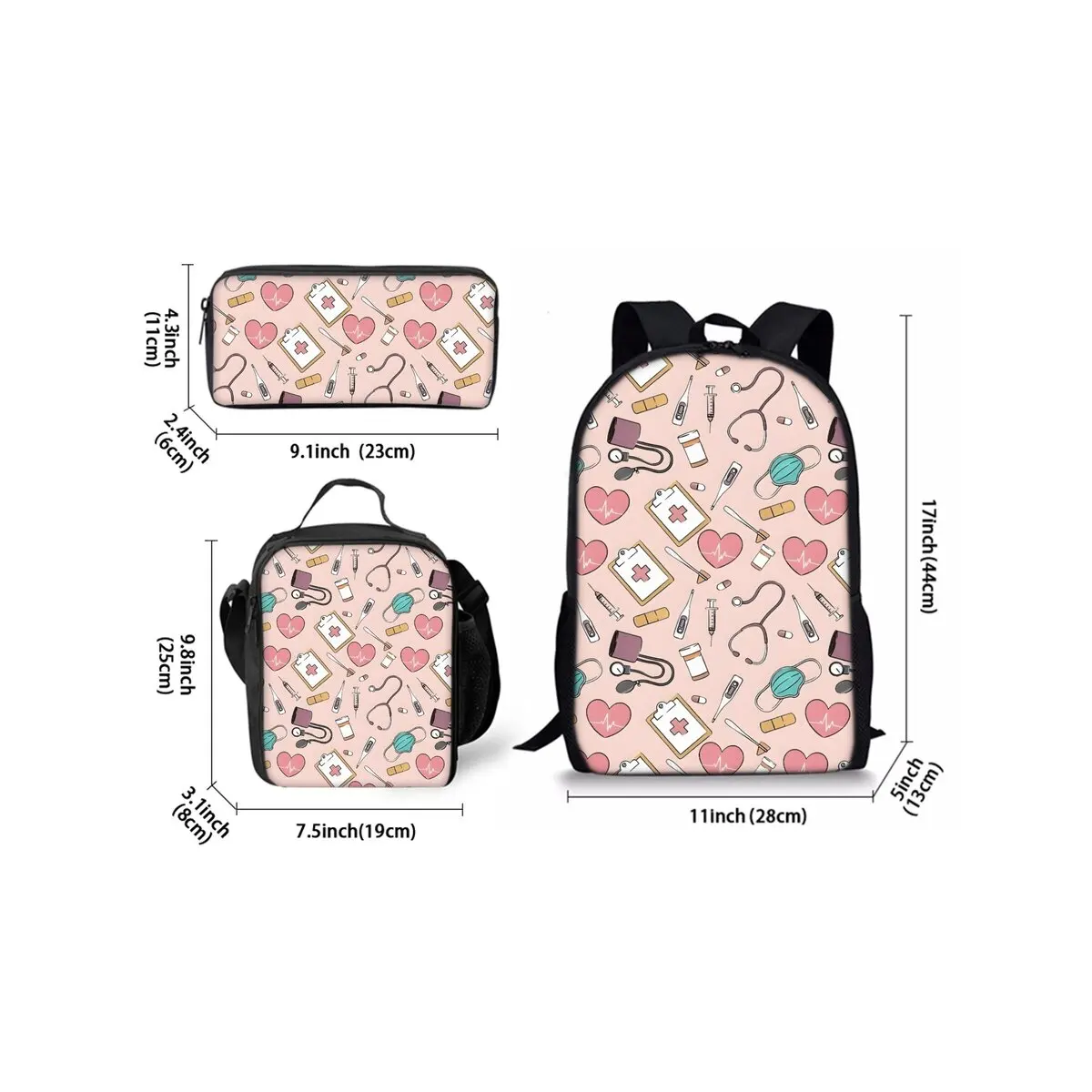 Medical Care Print Three Piece Backpacks Set for Boy and Girls Best Gifts 2D Flat Cartoon School Bag for Children