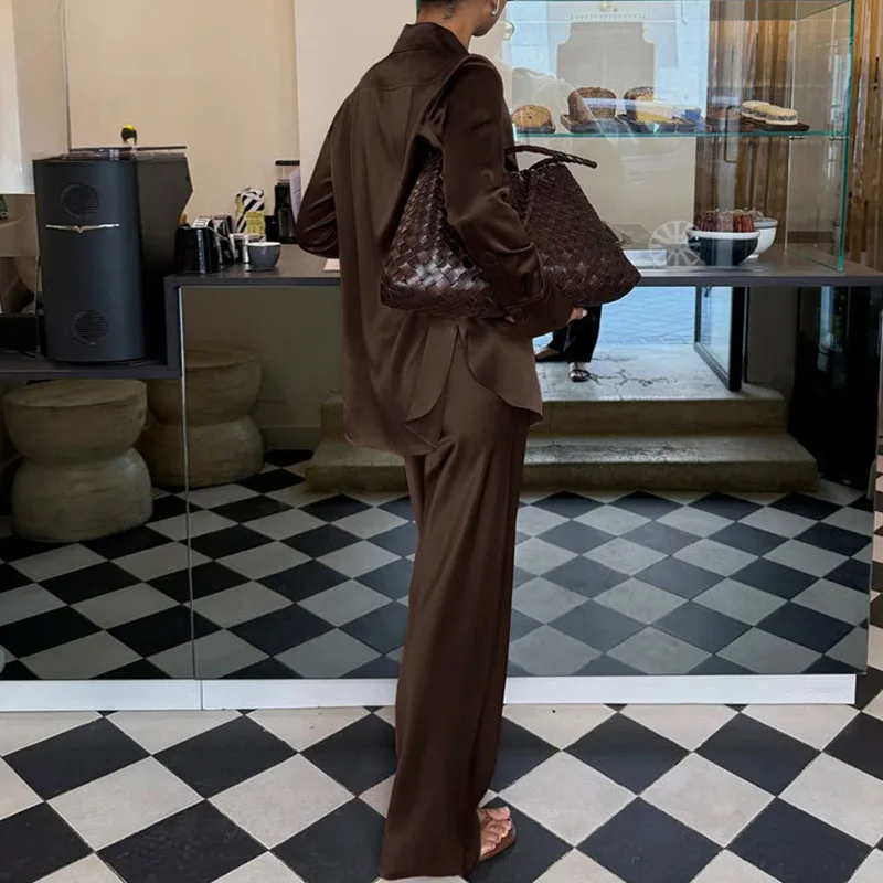 

Elegant Single Breasted Lady Suits Vintage Satin Lapel Solid Shirts And Pants Sets Casual Summer Women's Loose Commuting Outfits