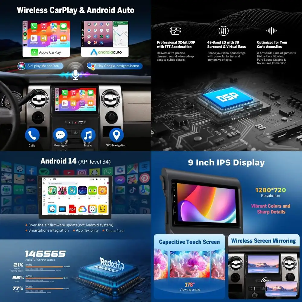 

9“ Car Stereo for Ford F150 (2009-2014), Android 14 Wireless CarPlay & Android Auto, Bluetooth 5.4, 3+32G Touch Screen GPS Navig
