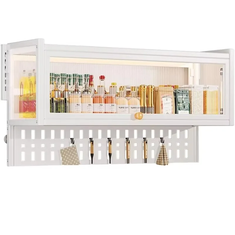 No-Drill Glass Non-Folding Multifunctional Wall-Mounted Kitchen Storage Rack Dustproof Cabinet for Pot Seasoning Tools Classic