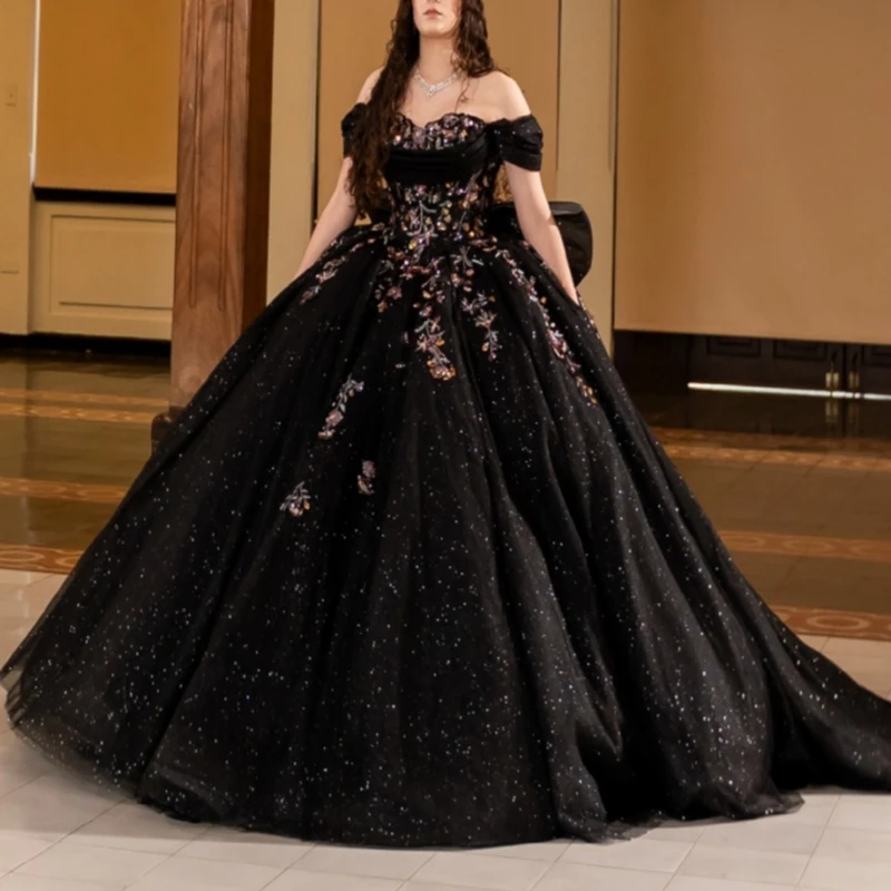

Black Shiny Quinceanera Dresses Off The Shoulder Applique Lace Beading Bow Tull Party Birthday Sweet 16 Dress Vestidos 15 De