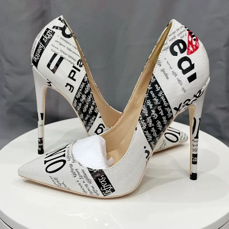 Tikicup Newspaper Print Pointed-Toe High Heels Stylish 12cm Stiletto Heels Ladies Elegant Fashionable Office & Party Footwear