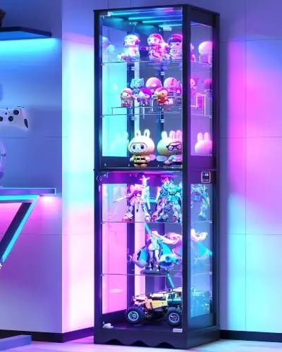 Display Cabinet with Glass Doors, 6 Tier RGB Lights Curio Cabinet | Adjustable Shelves, Human Sensor Lighting, Modern