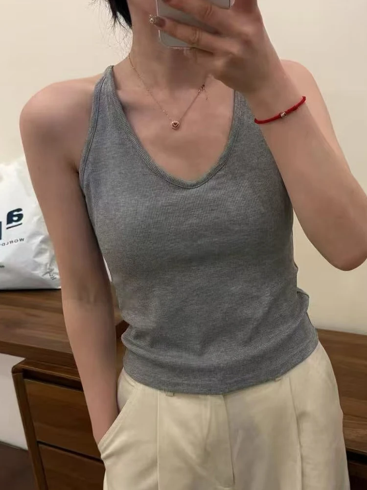 Y2K Solid Color Ribbed Halter Neck Cami Top Women Scoop U Neck Sleeveless Backless Bodycon Cropped Tank Summer Street Outfit
