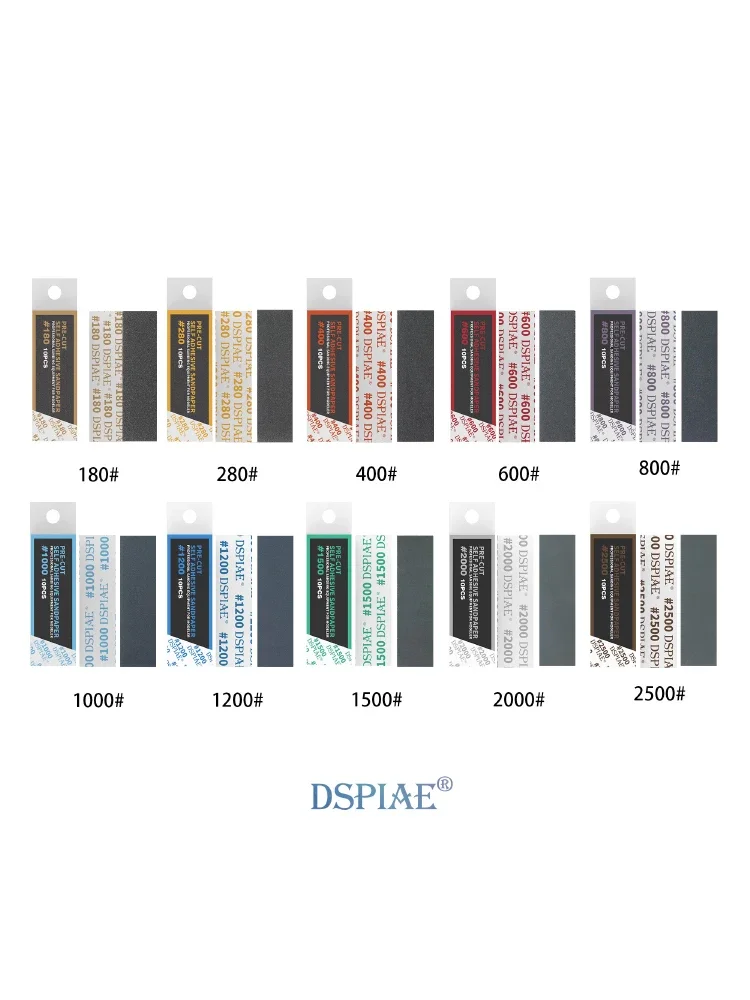 DSPIAE-papel de lija para colorear y pulir modelo MSP, adhesivo trasero precortado, 75x25MM, 180 #-2500 #, 10 piezas