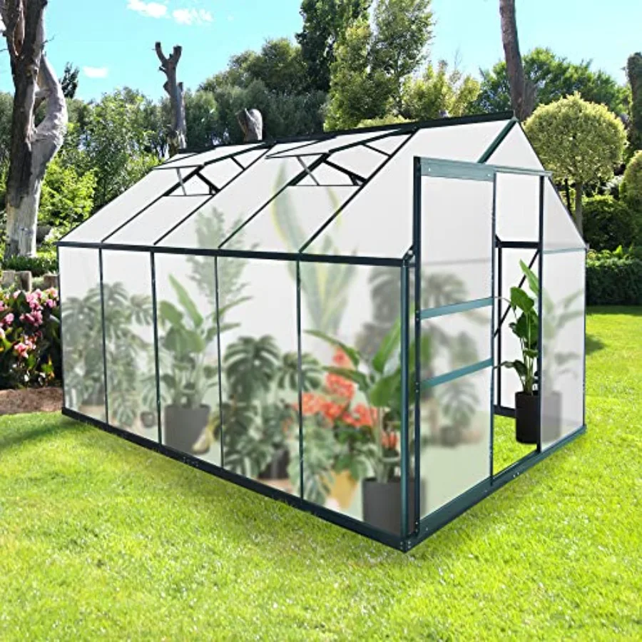 6'X 10' Walk-in Greenhouse, Polycarbonate Greenhouse with Sliding Door, 2 Vent Window, Rain Gutter for Outdoor, Aluminum Heavy