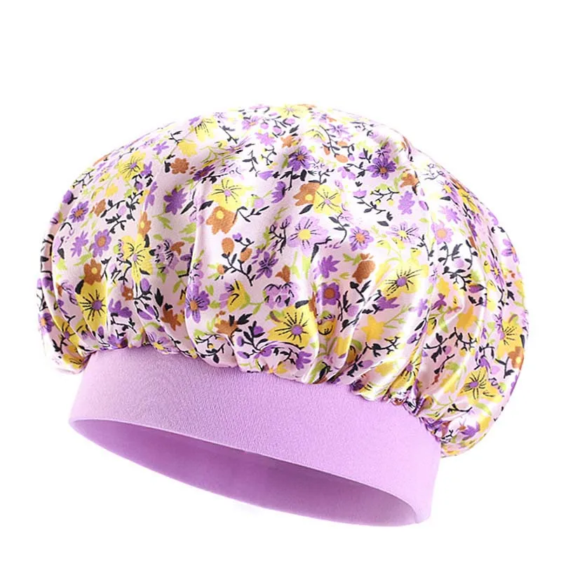 New Silky Satin Kids Shower Caps Cute Printed Bonnet Sleep Cap Lovely Hair Care Cover Baby Bath Hat Adjust Kitchen Hats 3-8Y