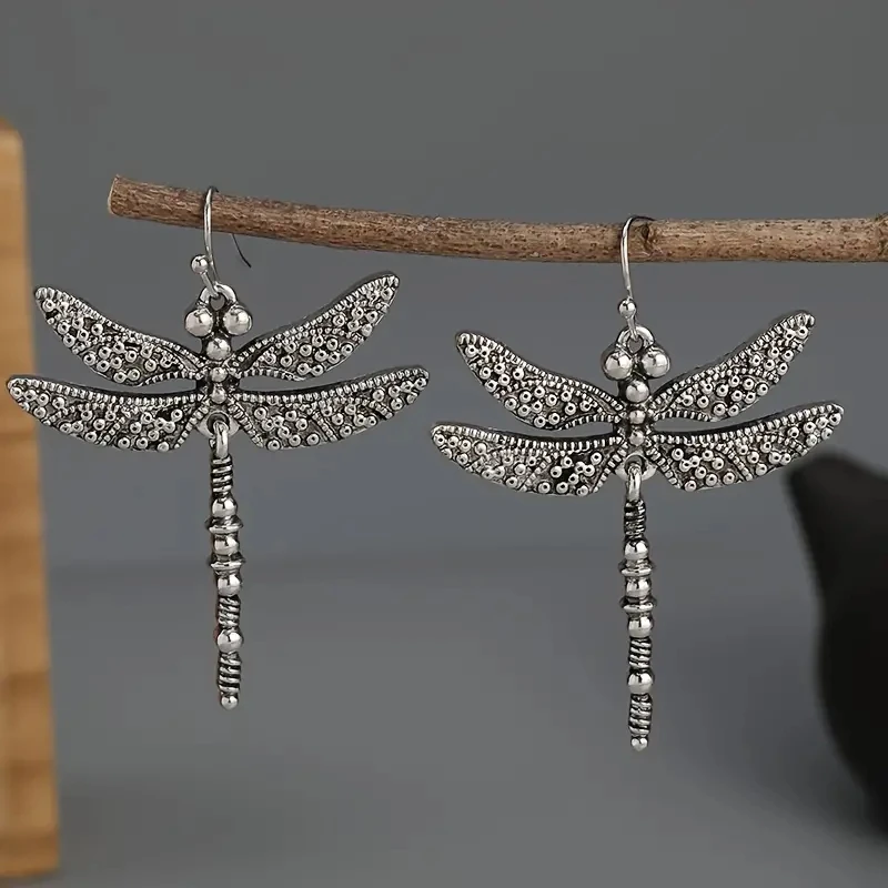 Vintage Dragonfly Design Carved Pattern Dangle Earrings Retro Bohemian Style Silver Color Jewelry Trendy Female Ear Ornaments