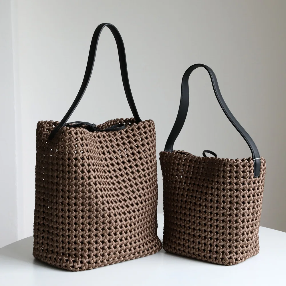 

Nylon hollow woven tote bag 2025 summer new niche design leather shoulder straps large capacity women's armpit shoulder bag