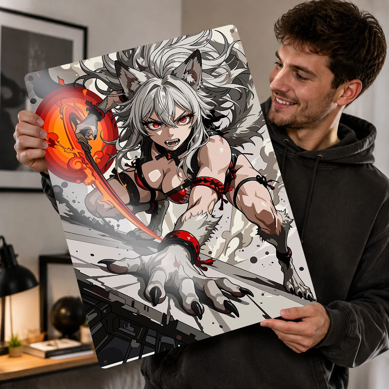 Wolf Girl Warrior With Fiery Sword 3D Printed Texture Poster Personalized Wall Art Retro Metal Tin Signs for Desk Decor Room