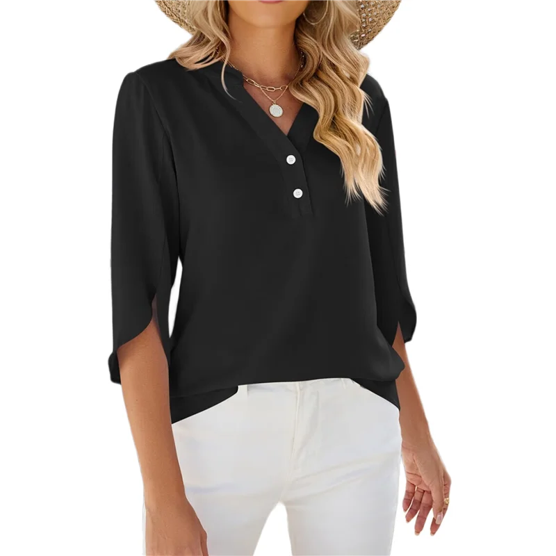 

【SEE】Women's Casual Chiffon Blouse Tops 1/2 Ruffled Sleeve V Neck Loose Fit Blouses Shirts