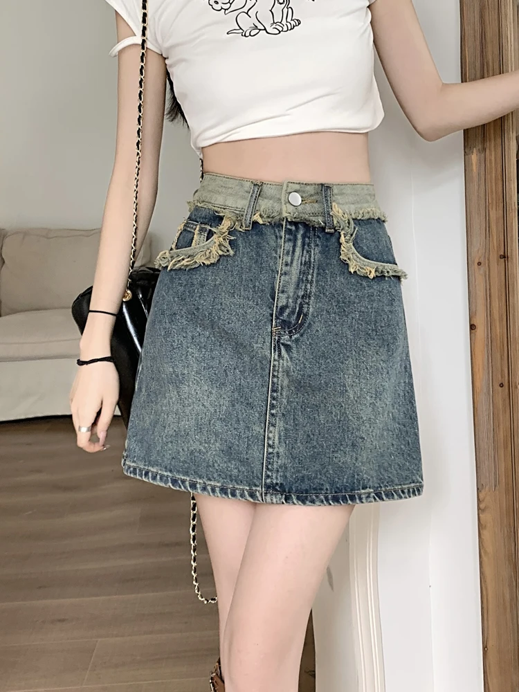 Rétro américain épicé fille a-ligne jupe en jean femmes grande taille taille haute minceur f jupe coréenne Sle trajet pur...