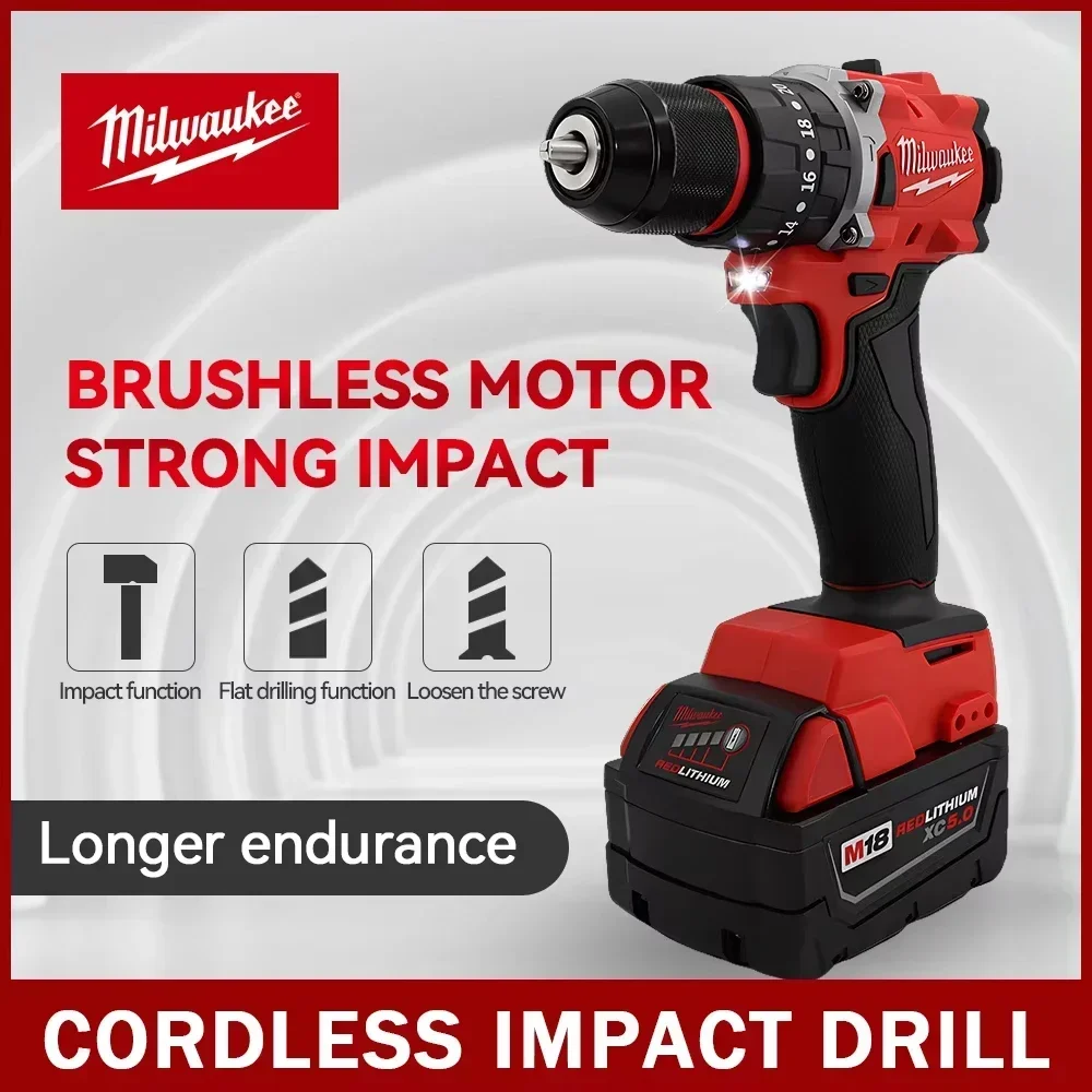 Milwaukee 150N.m Brushless Electric Impact Drill Cordless Drill Driver Mini Electric Screwdriver 18V Rechargeable Power Tool