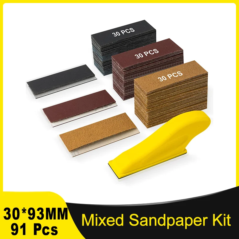 

30*93MM 91Pcs Premium Micro Detail Sander Kit 3-in-1 Mini Hand Sanding Block 60-400 Grit for Wood Crafts Tight Spaces and DIY