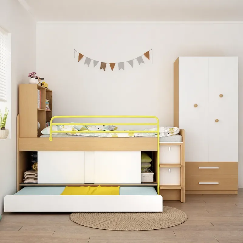 Men's Combination Bed with Guardrail Storage Half Height Bed Multi Functional High and Low Bed with Trailer