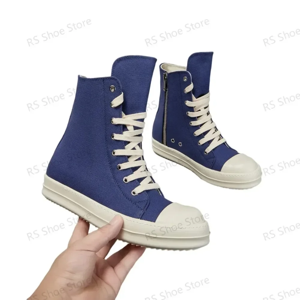 

Ro Luxury Blue Canvas High Top Shoe Classic Design Shoes Men Sneaker Boot Zipper Women Ankle Boots Casual Sneakers