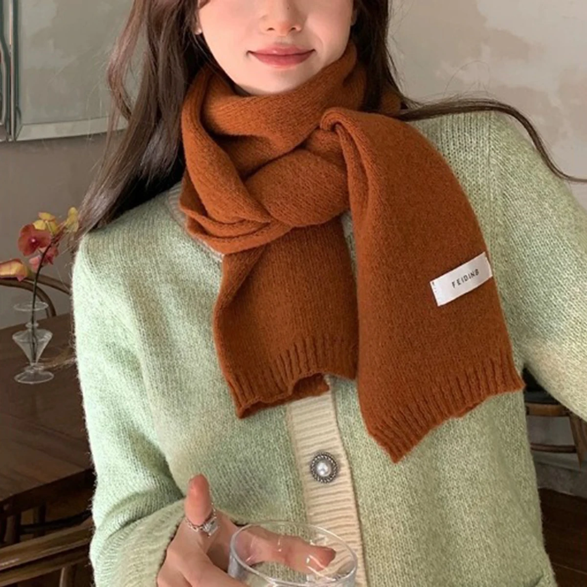 Korean solid color flat scarf, autumn and winter knitted yarn, fashionable, thickened, warm and trendy scarf for couples