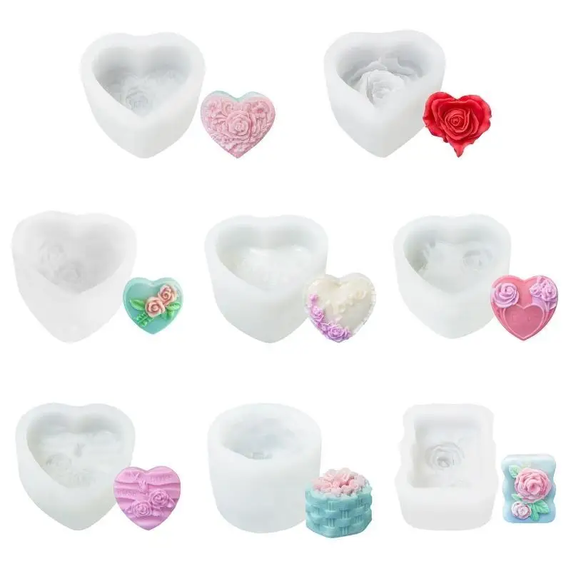 E8BD – moule en Silicone en forme cœur, fleur Rose, pour fabrication savon bain, gâteau, chocolat,