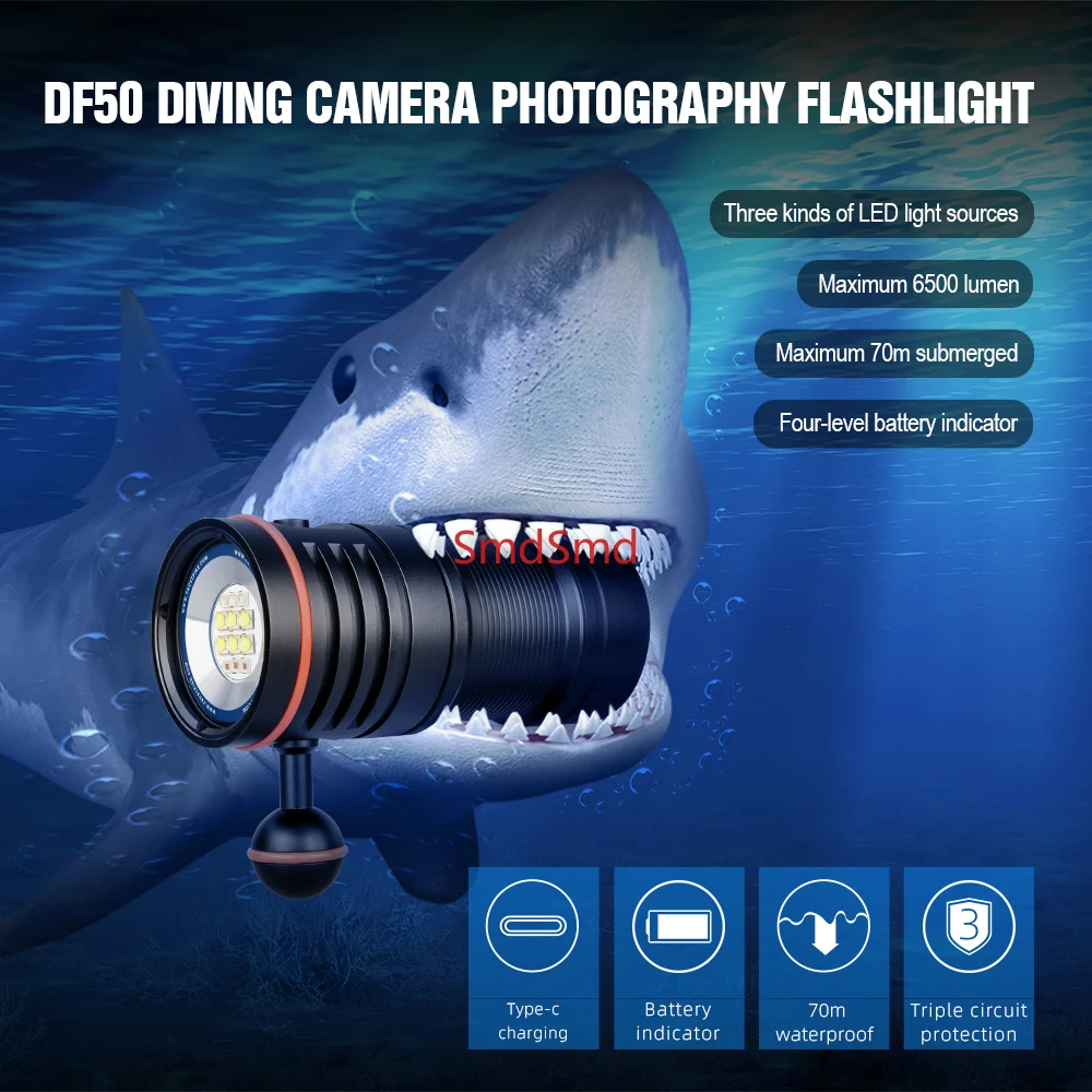 DF50 Diving LED Flashlight 6500 Lumen Video Photoraphy Light Scuba Underwater 100m Dive Lighting High Bright LED Torch