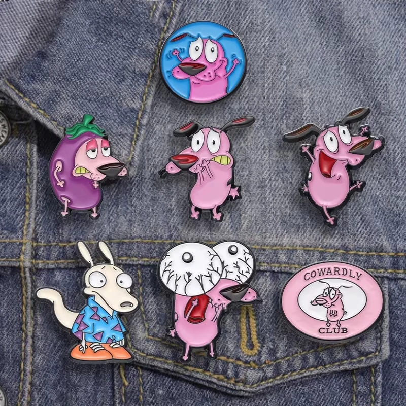 Broche émaillée Courage Cartoon Cowardly Dog, motif chien animal rose mignon, bijou de revers, cadeau pour invités de fête d'anniversaire