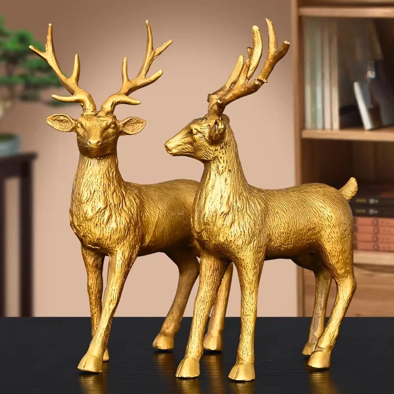 Feng Shui Copper Reindeer Figurine with Plum Blossoms Home Office and Entryway Decor