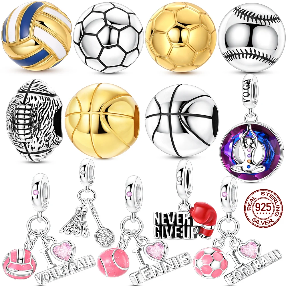 

Original 925 Silver Ball Sports Charms Beads Fit Bracelet DIY Football Tennis Volleyball Yoga Pendant For Woman Jewelry