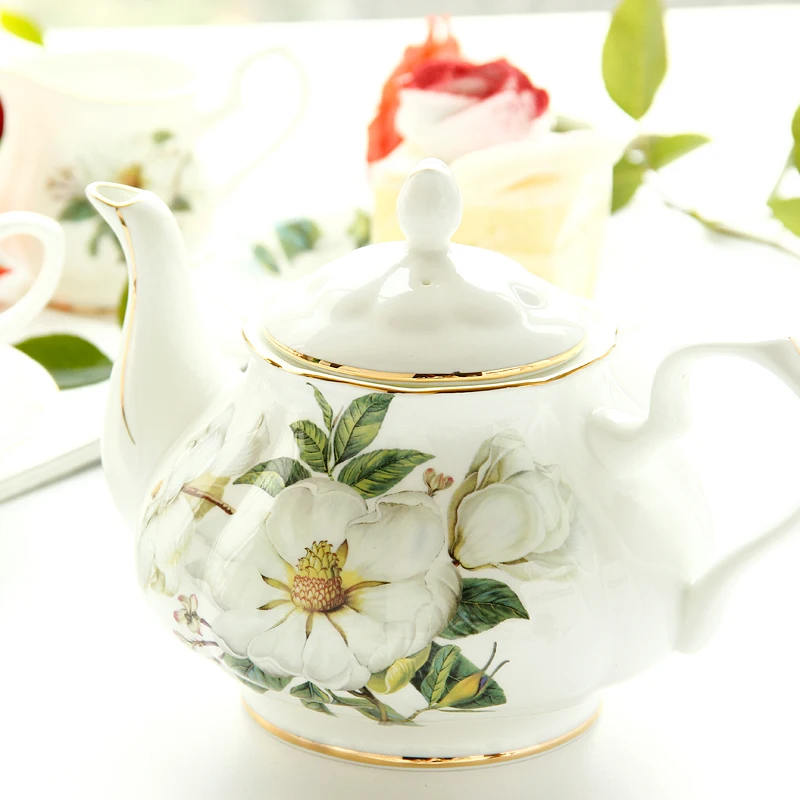 21pcs Set, Real Bone China Coffee Cup Set with Pot & Sugar Bowl & Cream Boat, Nespresso Cups as Household Gift, Floral