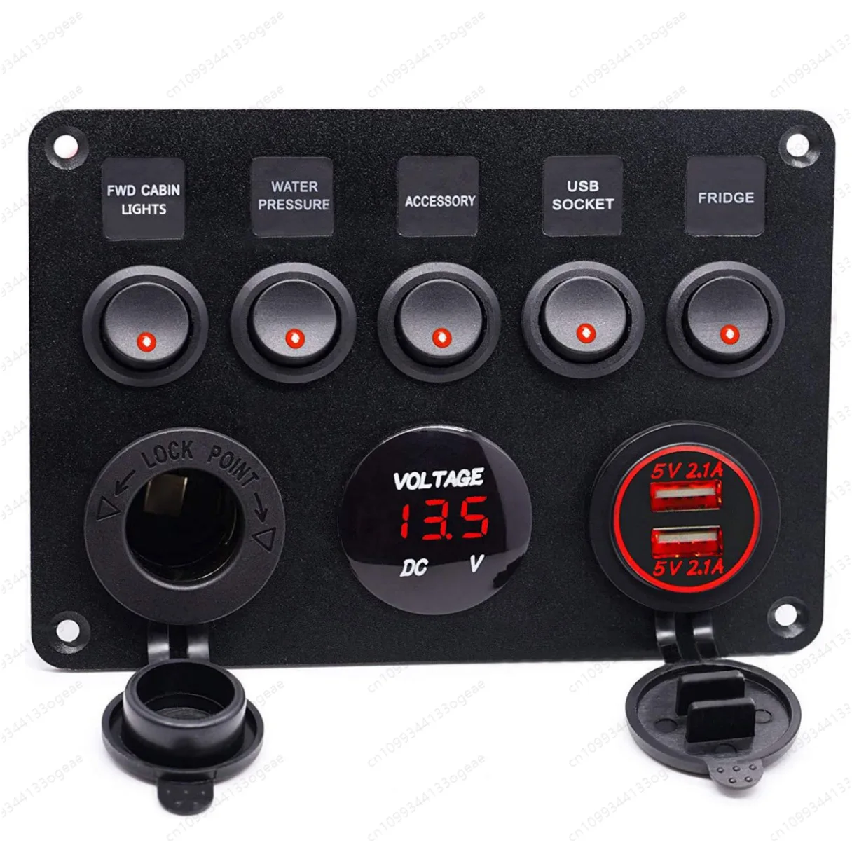 5-Way Round Rocker Switch Panel with USB Voltmeter & Cigarette Lighter Socket, 12V/24V Waterproof for Car Truck Marine DIY
