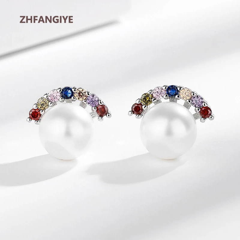 

ZHFANGIYE Fashion 925 Silver Jewelry Stud Earrings with Pearl Zircon Accessories for Women Wedding Promise Party Gift Wholesale