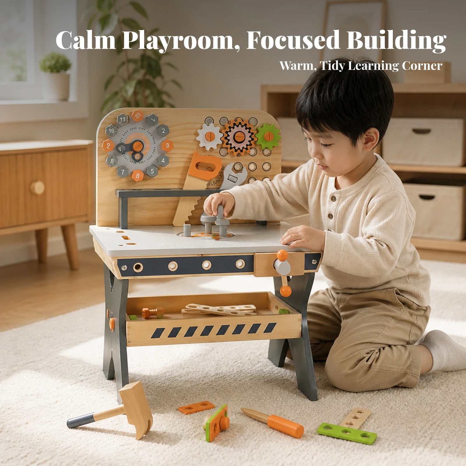 Toy Workbench with Crane Interactive Wooden Tool Bench with Tools Kids Assembly Workbench Realistic Wooden Tool Bench Safe