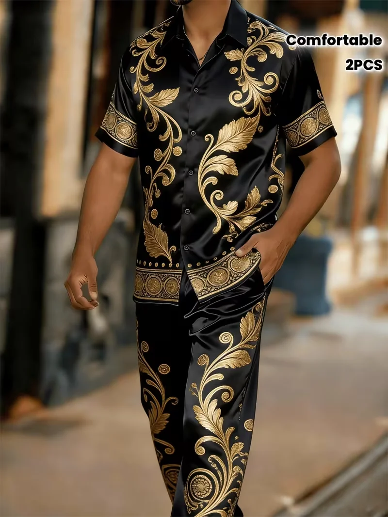 new-mi-bai-poker-card-printed-two-piece-fun-casual-men's-3d-printed-pattern-short-sleeve-shirt-pants-set