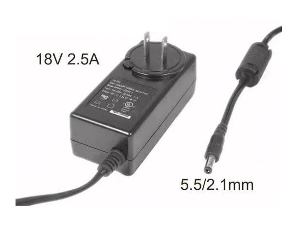 Adaptor daya, GFP451-1825BX-1, 18V 2.5A, barel 5.5/2.1mm, US colokan 2-Pin