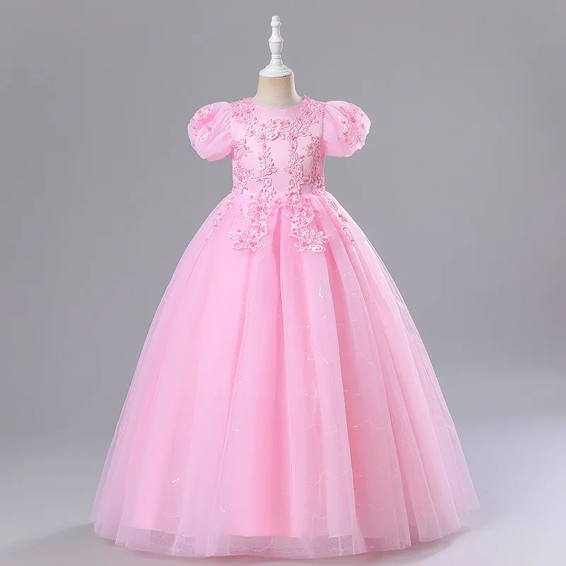 Children\'s princess dress lace one-shoulder long dress flower girl wedding dress dress lace beaded party princess dress