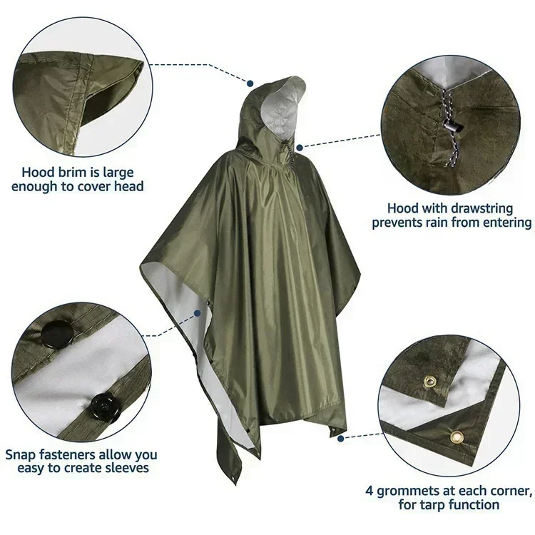 2026 3-in-1 wasserdichter Regenponcho mit Kapuze, Mehrzweck-Regenmantel, Bodenmatte, Unterstand für Outdoor-Camping, Wandern, Motorradfahren und Reisen – Detail 5